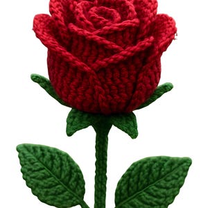 Può includere: Una rosa rossa all'uncinetto fatta a mano, con stelo e foglie verdi. La rosa presenta un'elaborata lavorazione dei petali ed è un oggetto decorativo vivace. Le foglie e il gambo sono di un verde contrastante.