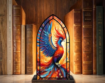 Portavelas atrapasoles Fénix, arte en vidrieras, decoración para el hogar con forma de ave fénix, regalo de animales fantásticos, adorno de vidrio hecho a mano, acento único