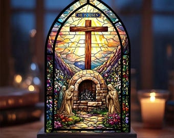 Portavelas atrapasoles "Él ha resucitado", decoración de Pascua en vidrieras, arte para ventanas de la Resurrección, regalo religioso hecho a mano, adorno cristiano para el hogar