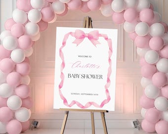 Pink Bow Welcome Sign, Minimalist Baby Shower Pink Watercolor Ribbon Blush Pink, Pink Bow Baby Girl Shower Sign Template, Girl Welcome Sign
