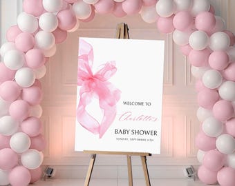 Pink Bow Baby Shower Welcome Sign, Pink Bow Baby Girl Shower Sign, Girl Baby Shower Decor, Baby Shower Decorations, Editable Template