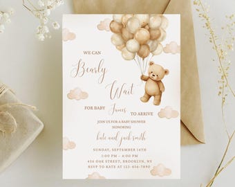 Teddy bear baby shower invitation, editable gender neutral bear baby shower invitation, we can bearly wait baby shower, bear with balloons