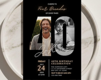 Plantilla de invitación para el 40 cumpleaños, invitación con foto para el 40 cumpleaños, invitación de cumpleaños para adultos con foto, editable e imprimible, Cuarenta y fabulosa
