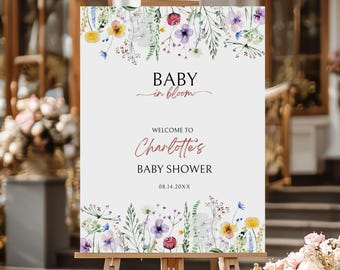 Baby in Bloom Welcome Sign: Wildflower Baby Shower Welcome Poster (Canva Editable)