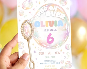 Invitación de cumpleaños con burbujas en tonos pastel, invitación de cumpleaños con burbujas, invitación de cumpleaños para niñas con burbujas, Canva