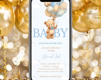 Digital Boy Baby Shower Invitation Templates, Electronic Bear Baby Shower Evite, Blue Balloons Digital Invitation, Instant Download, Canva