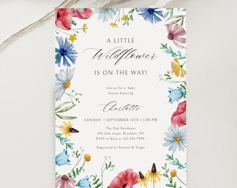 Editable A Little Wildflower Baby Shower Invitation, Baby in Bloom Baby Shower Invite, Wildflower Is On The Way Baby Shower Invite, Canva