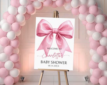 EDITABLE Pink Bow Baby Shower Welcome Sign, Pink Bow Baby Girl Shower Sign Template, Pink Ribbon Baby Shower Decor, Printable, Canva