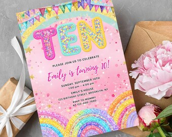Invitación editable con lentejuelas arcoíris rosas para décimo cumpleaños: Plantilla imprimible (descarga instantánea)