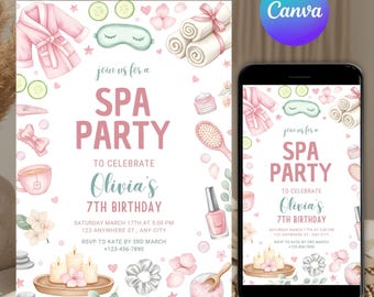 Cumpleaños de spa para niñas, invitación a fiesta de cumpleaños de spa, invitación a fiesta glamurosa de mimos, fiesta de cumpleaños glamurosa, plantilla de invitación imprimible para cumpleaños de spa