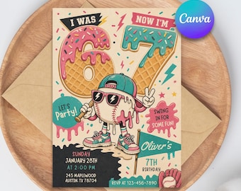 6 7 Birthday Invitation, Boys Seventh Birthday Party Invite, Baseball Melted Ice Cream Theme, Boy Age (Canva Template)