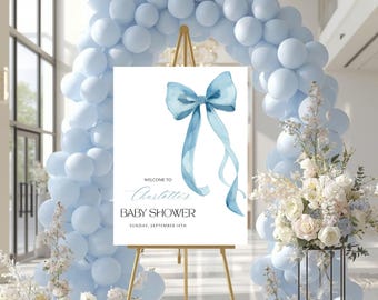 Blue Bow Welcome Sign, Blue Bow Baby Shower Welcome Sign Editable, Blue Bow Baby Boy Shower Welcome Poster, Boy Baby Shower Template