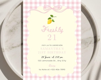 Invitación de cumpleaños para recién cumplidos 21 / Invitación para fiesta de limones rosas y amarillos (editable en Canva)