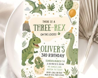 Invitación de cumpleaños de dinosaurios, invitación editable de cumpleaños de Three Rex, fiesta de dinosaurios para el tercer cumpleaños de niño, plantilla de Canva Three-Rex On the Loose