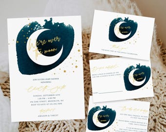 Editable Over the moon baby shower invitation bundle, blue Twinkle Little Star baby shower invite, Instant Download, Canva Template