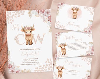May include: A set of baby shower invitations and cards with a floral cow theme. The main invitation reads "Holy Cow" and includes event details. Additional cards say "Thank You", "Books for Baby", and "Diaper Raffle".