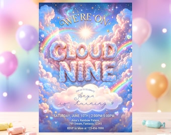 Invitación de cumpleaños Cloud 9, invitación para fiesta arcoíris en tonos pastel (descarga instantánea)