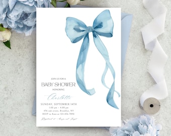 May include: A baby shower invitation featuring a watercolor blue bow. The invitation includes the text "Join us for a Baby Shower Honoring Charlotte" with event details: Sunday, September 14th, 1:00 pm - 4:00 pm, 456 oak street, Brooklyn, NY. RSVP to Kate at 123-456-7890.
