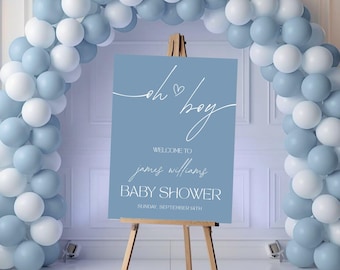Tabliczka powitalna na baby shower dla chłopca, Tabliczka powitalna na baby shower dla chłopca, Niebieski plakat powitalny na baby shower, Minimalistyczny, Edytowalny na Canva, Do druku