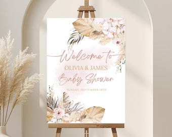 Pink Pampas Grass Baby Shower Welcome Sign: Girl Pink Boho Shower Welcome Poster, Editable Template