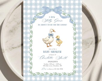 Invitación para baby shower de Blue Silly Goose, invitación para baby shower de niño con estampado de cuadros azules, invitación de Silly Goose, invitación digital, Canva