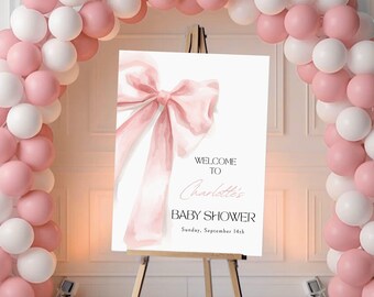 Pink Bow Welcome Sign - Printable Blush Pink Coquette Bow Girl Baby Shower Welcome Poster - Girl Baby Welcome Sign - Digital Download