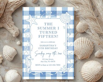 Invitación de cumpleaños "El verano en que me puse guapa" / Invitación editable para fiesta de cumpleaños con temática costera / Invitación digital / Descarga instantánea