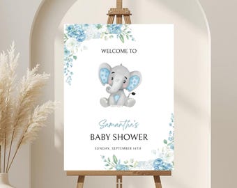 Editable Elephant Baby Shower Welcome Sign, Blue Floral Elephant Welcome Poster Baby Shower, Floral Blue Elephant, Baby Boy, Printable