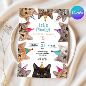 Puede incluir: Una tarjeta de invitación blanca con el texto "Let's Pawty!" y caras de gatos con sombreros de fiesta. La tarjeta incluye detalles de la fiesta: el 5º cumpleaños de Olivia, el 21 de abril, las 4 en punto y la dirección de Brooklyn Bistro.