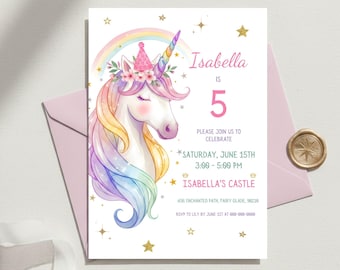 Invitación de cumpleaños de unicornio editable, mágica invitación de cumpleaños de unicornio arcoíris pastel, princesa unicornio de cuento de hadas caprichosa, plantilla de Canva