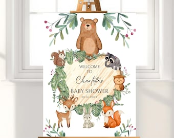 Editable Woodland Baby Shower Welcome Sign, Greenery Forest Animals Printable Welcome Poster, Wild one, Gender Neutral, Animals Sign Rustic