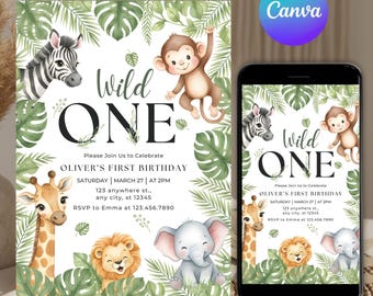 Safari Primer Cumpleaños Evite, Cumpleaños Salvaje, Invitación Digital para Primer Cumpleaños, Jungle Primer Cumpleaños Evite, Fiesta de Animales de la Jungla