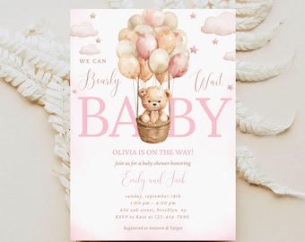 Redigerbar flicka rosa nallebjörn luftballong björntema babyshowerinbjudan vi kan vänta dusch direktnedladdning nallebjörnsdusch