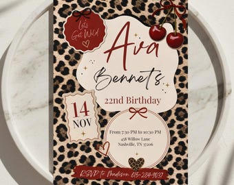 Invitación de cumpleaños editable con estampado de leopardo «Let’s Get Wild», ideal para una noche de chicas o una fiesta temática de cerezas y leopardo. Plantilla de Canva.