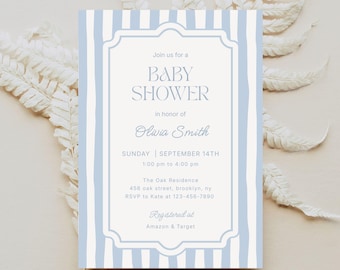 Sjabloon blauwe gestreepte babyshoweruitnodiging | Retro elegante doucheuitnodiging | Blauwe uitnodiging voor babyjongen | Bewerkbare afdrukbare babyshower voor jongens