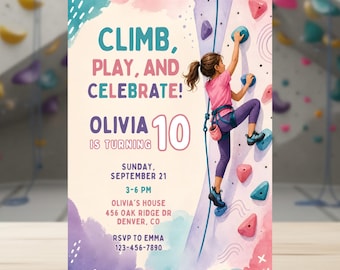 Invitación editable para fiesta de cumpleaños de escalada en roca para niñas, invitación para escalada en interiores, ¡Vamos a escalar y jugar! Aventura para niños, descarga instantánea.