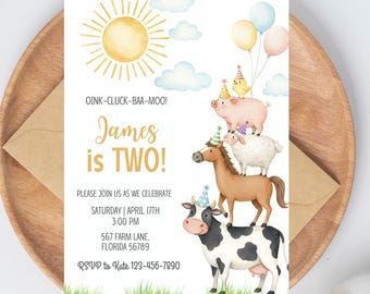 Invitación de cumpleaños con temática de granja / Invitación de cumpleaños con temática de corral / Invitación de cumpleaños para niños de dos años con temática de granja / Fiesta de cumpleaños con animales / Animales de granja