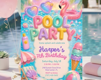 Invitación de cumpleaños con temática de fiesta en la piscina en tonos pastel, plantilla editable de invitación de cumpleaños para niñas con temática de fiesta en la piscina, invitación de cumpleaños para niñas con temática de piscina, editable en Canva.