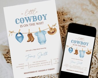 Cowboy Baby Shower Invitation, Western Theme, A little Cowboy Is On The Way Invite Template, Cowboy Clothesline Baby Shower, Canva Editable
