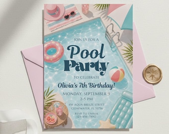 Invitación de cumpleaños con fiesta en la piscina, invitación editable para fiesta en la piscina (invitaciones de 5x7 pulgadas)