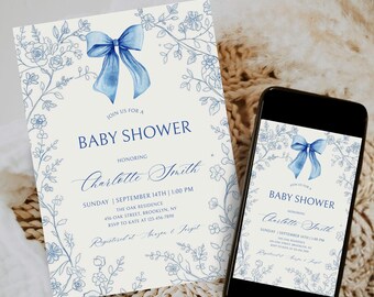 May include: Baby shower invitation with a blue bow and floral design. The invitation includes the text "Join us for a Baby Shower" and details for the event, including the honoree's name, date, time, and location. A smartphone displays the same design.