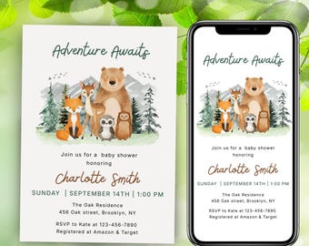 Woodland Baby Shower Invitation, EDITABLE Gender Neutral Woodland Animals Invitations, Woodland Animals Baby Shower Invitation, Canva