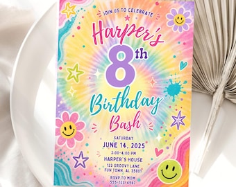 Invitación de cumpleaños con diseño tie-dye, fiesta de cumpleaños arcoíris editable (descarga instantánea)