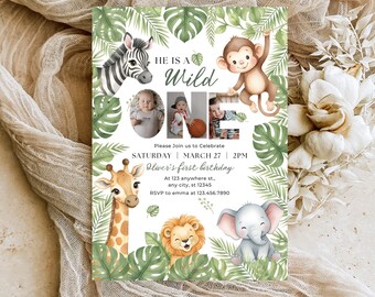 Invitación de primer cumpleaños con temática de safari, invitación de cumpleaños para el primer cumpleaños con temática de animales salvajes, invitación de primer cumpleaños con foto, invitación de fiesta de primer cumpleaños con temática de animales de la selva, plantilla de Canva