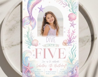 Dive into Five 5th Birthday Mermaid Invitation, Girl Shellabration Invite, Under The Sea Mermaid Tail Invite, Instant Download, Canva