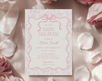 Vintage Dusty Pink Bow Floral Toile Baby Shower Invitation, Elegant Chinoiserie Coquette Bow Invite Template, Cottagecore, Canva Editable