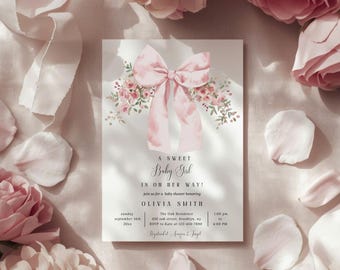 Babyshower met roze strik: babyshower met bloemenprint (canva bewerkbaar, direct downloaden)