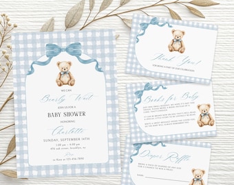 Editable Teddy Bear Baby Shower Invitation Bundle, We Can Bearly Wait Baby Shower Invite, Blue Boy Baby Shower Decor, Printable Canva