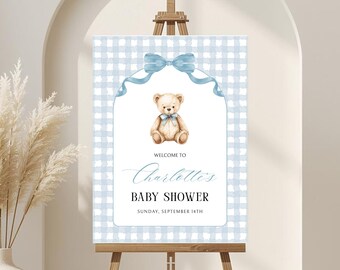 Teddy Bear Baby Shower Welcome Sign | We Can Bearly Wait | Blue Grandmillennial Boy Baby Shower Decor | Instant Download | Canva Editable