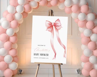 Editable Pink Bow Welcome Sign, Pink Bow Baby Shower Welcome Sign Template, Printable Pink Bow Baby Girl Shower Sign, Welcome Poster